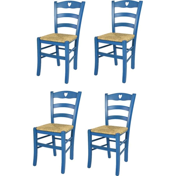 t m c s Tommychairs - Set de 4 chaises CUORE pour la cuisine et la salle à manger, structure robuste en bois de hêtre, peinte en bleu aniline et assise en paille