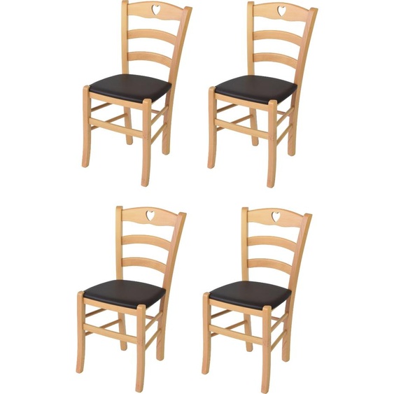 t m c s Tommychairs - Set de 4 chaises CUORE pour la cuisine et la salle à manger, Structure robuste en bois de hêtre verni dans le coloris naturel et assise rembourrée recouverte de similicuir dans le coloris moka