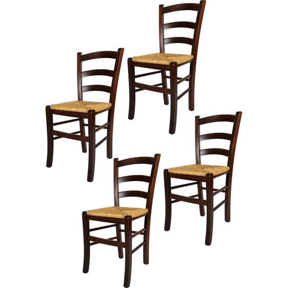 t m c s Tommychairs - Set de 4 chaises VENEZIA pour la cuisine et la salle à manger, structure robuste en bois de hêtre laqué dans le ton brun noyer foncé et assise en paille