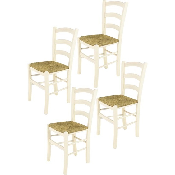 t m c s Tommychairs - Set de 4 chaises VENICE pour la cuisine et la salle à manger, structure robuste en bois de hêtre laqué blanc aniline et assise en paille