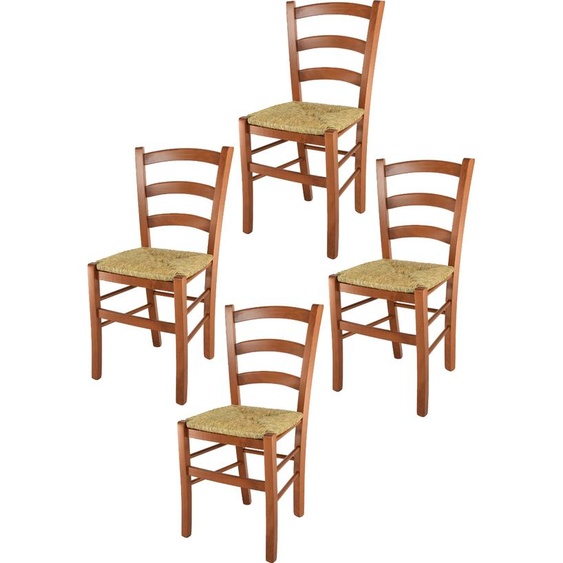 t m c s Tommychairs - Set de 4 chaises VENICE pour la cuisine et la salle à manger, structure robuste en bois de hêtre laqué couleur cerisier et assise en paille