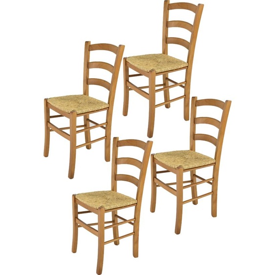 t m c s Tommychairs - Set de 4 chaises VENICE pour la cuisine et la salle à manger, structure robuste en bois de hêtre laqué couleur chêne et assise en paille