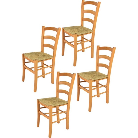 t m c s Tommychairs - Set de 4 chaises VENICE pour la cuisine et la salle à manger, structure robuste en bois de hêtre laqué couleur miel et assise en paille