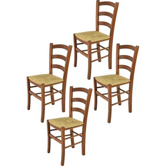 t m c s Tommychairs - Set de 4 chaises VENICE pour la cuisine et la salle à manger, structure robuste en bois de hêtre laqué dans la teinte brun noisette clair et assise en paille