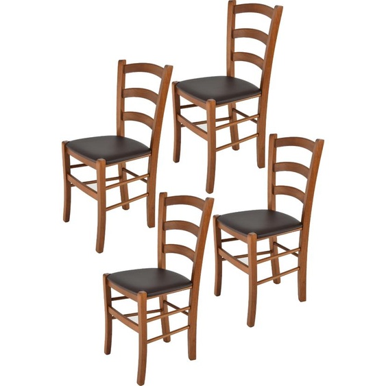 t m c s Tommychairs - Set de 4 chaises VENICE pour la cuisine et la salle à manger, structure robuste en bois de hêtre laqué dans la teinte brun noyer clair et assise rembourrée recouverte de similicuir dans la teinte moka