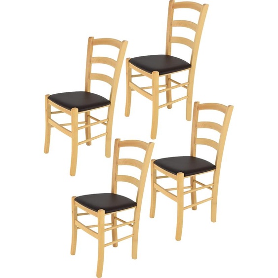 t m c s Tommychairs - Set de 4 chaises VENICE pour la cuisine et la salle à manger, structure robuste en bois de hêtre verni dans le coloris naturel et assise rembourrée recouverte de CUIR ARTISANAL dans le coloris moka