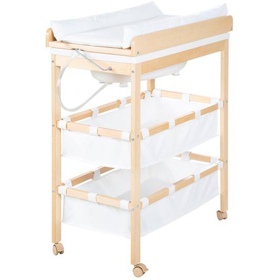 Table À Langer Avec Baignoire 2en1 + Matelas À Langer Imperméable Bois Naturel / Blanc