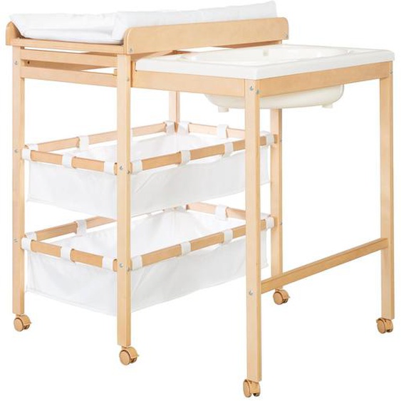 Table À Langer Avec Baignoire Coulissante + Matelas À Langer Déperlant Bois Naturel / Blanc