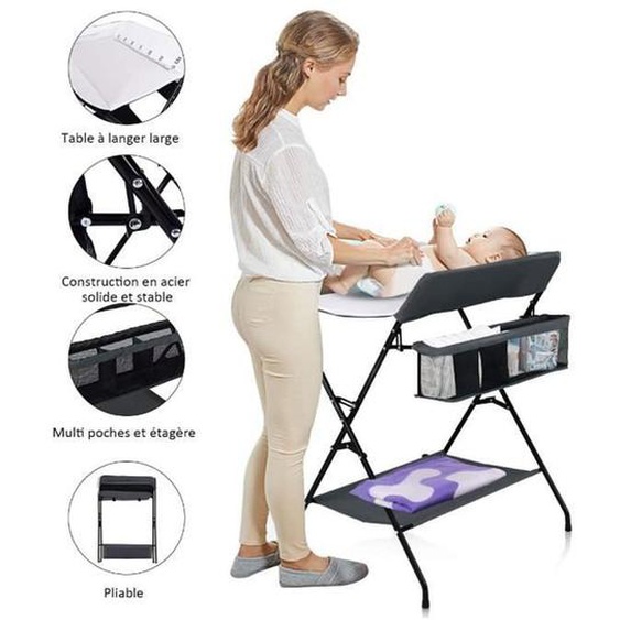 Table à Langer Bébé Pliante avec Panier de Rangement à Côté Structure en Fer Charge Max 25KG pour Nouveaux-Nés Gris