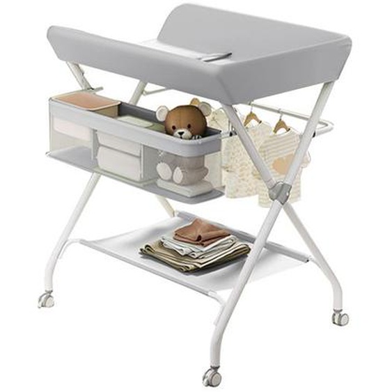 Table à Langer Pliable et Portable, avec roulettes et Panier, Hauteur Réglable, Cadre Métallique, Tissu Oxford, Gris,60x80x103cm