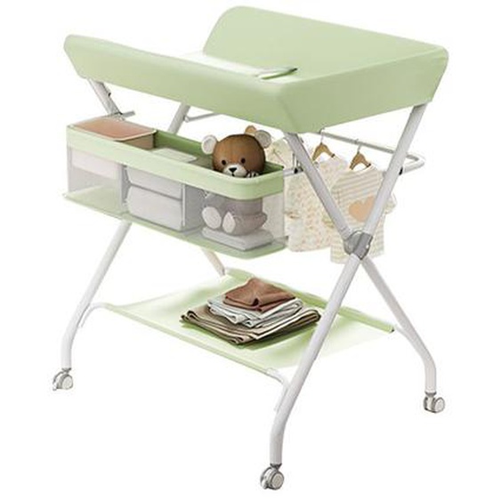 Table à Langer Pliable et Portable, avec roulettes et Panier, Hauteur Réglable, Cadre Métallique, Tissu Oxford, VERT,60x80x103cm