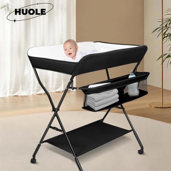Table à langer pliable - PVC - Tissu Oxford - Hauteur réglable - Roues réglables - Espace de rangement supplémentaire - Noir