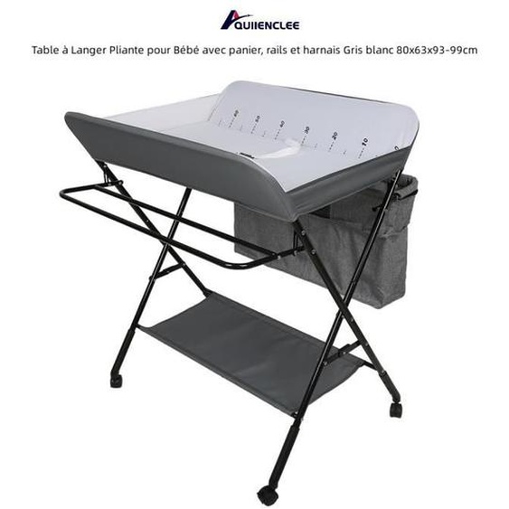 Table à Langer Pliante pour Bébé QUIIENCLEE - Gris - Rails et Harnais - Hauteur Réglable - Métal