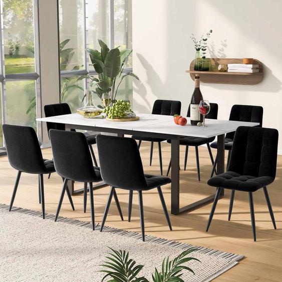 Table à Manger 140/180x80cm Extensible avec 8 Chaises Velours Noir et Plateau MDF Blanc,Ensemble de salle à manger Moderne