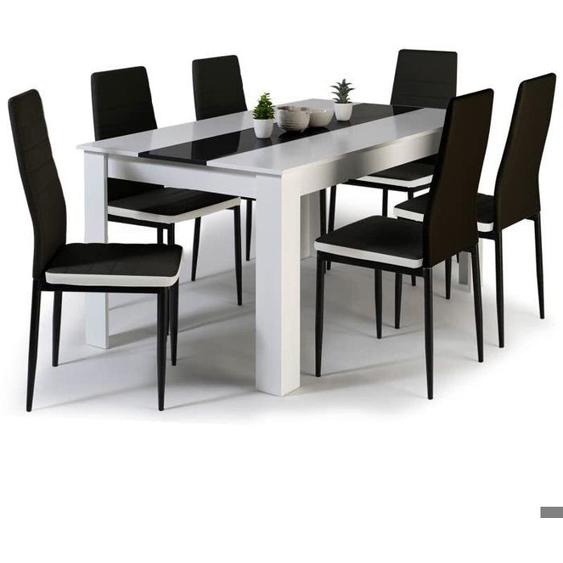 Table à Manger 140 cm Ensemble 6 Chaises Noires liseré Blanc Salon Salle à Manger
