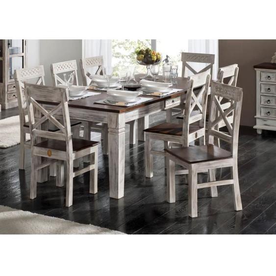 Table à manger 190x90cm - Bois massif de manguier ciré (Blanc antique) - Style Campagne Chic - CASTLE ANTIK #109