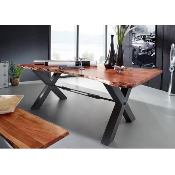Table à manger 200x100cm - Fer et Bois massif dacacia laqué (Bois naturel/Anthracite) - IRON LABEL #126
