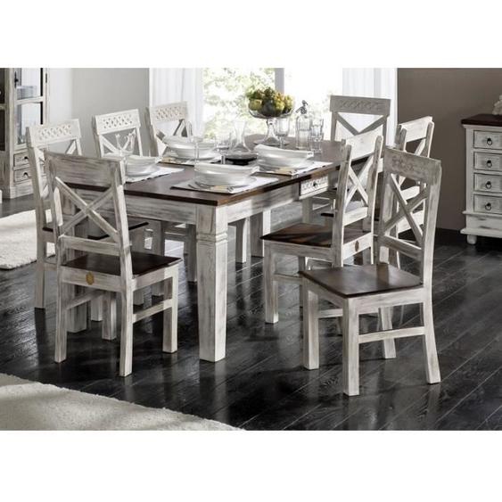 Table à manger 210x100cm - Bois massif de manguier ciré (Blanc antique) - Style Campagne Chic - CASTLE ANTIK #112