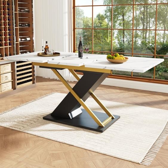 Table à manger à rallonges 120-160 x 80 cm – Table de cuisine avec plateau coulissant, table de salle à manger design à piètement en croix doré