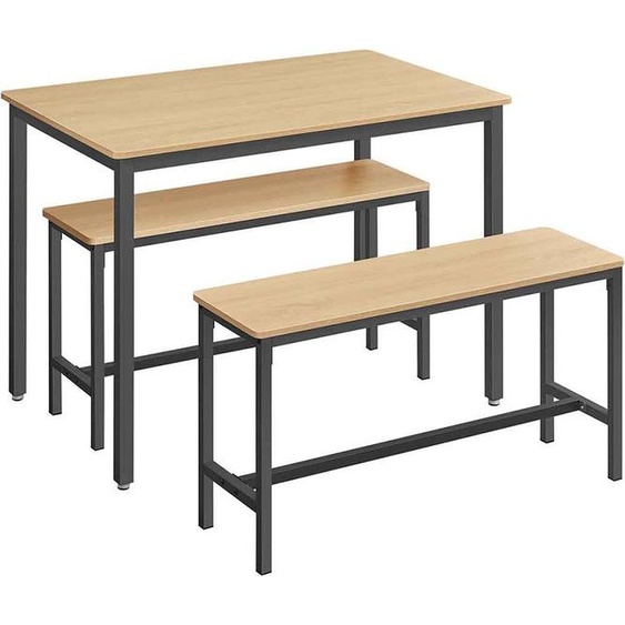 Table à manger avec 2 bancs, lot de 3, chêne doré-encre-noir