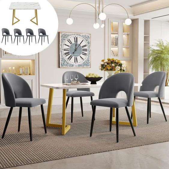 Table à manger avec 4 chaises, ensemble de table de cuisine moderne, pieds de chaise réglables, velours gris, pieds de table dorés