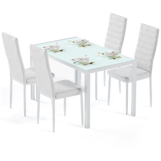Table à Manger avec Chaises - Bealife - 1 Table en Verre - 4 Chaises en Cuir PU - Dossier - Patte Metal - Pied en Caoutchouc -Blanc
