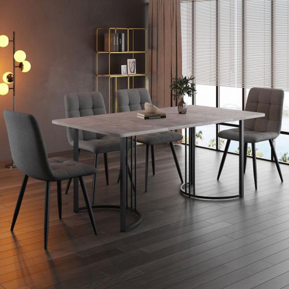 Table à manger avec chaises,pied rond en métal noir,plateau de table en MDF gris avec 4 chaises en lin gris foncé-HAUSS SPOLE
