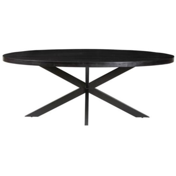 Table à manger Axana a des pieds daraignée en métal et un plateau en bois de magnolia noir.