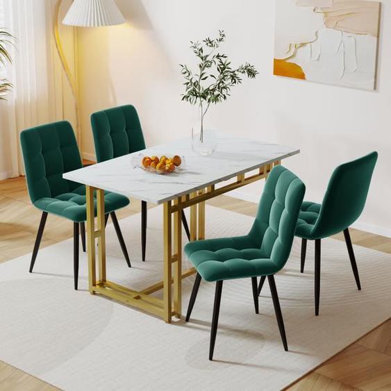 Table À Manger Blanc 120 X 70 cm Avec 4 Chaises En Velours Vert Foncé, Table À Pieds En Fer Doré