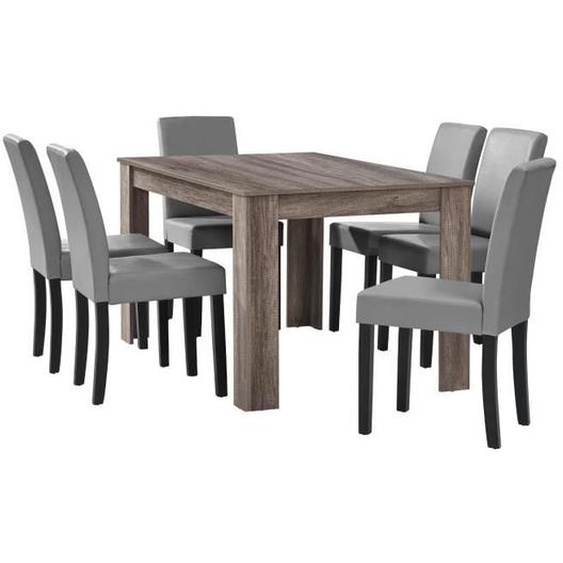 Table a manger 140 cm avec 6 chaises rembourre gris