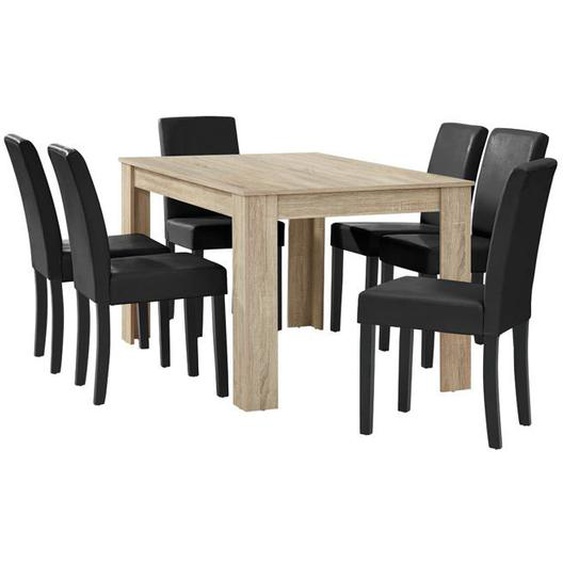 Table a manger chene brilliant avec 6 chaises noir cuir synthetique rembourre 140x90 cm