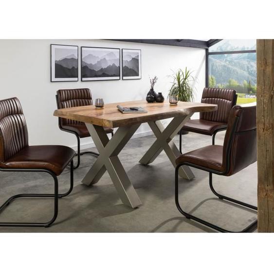 Table à manger - Bois massif de manguier - 140x90 cm - Bois naturel-Gris - Pieds en X - FREEFORM 5