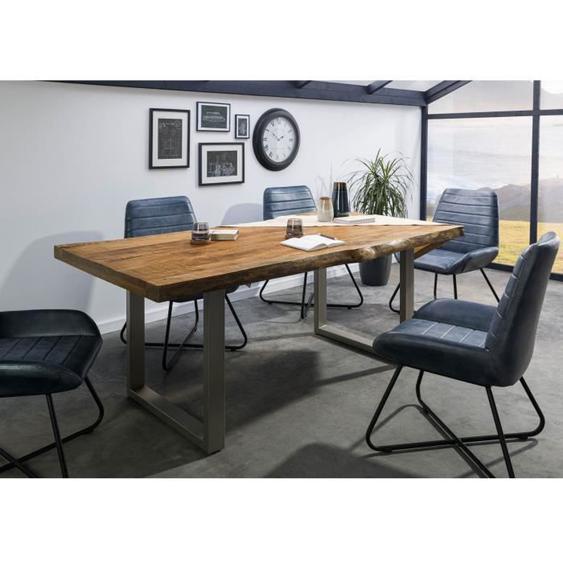 Table à manger - Bois massif de manguier - 180x90 cm -  Bois naturel-Gris - Pieds en U - FREEFORM 5