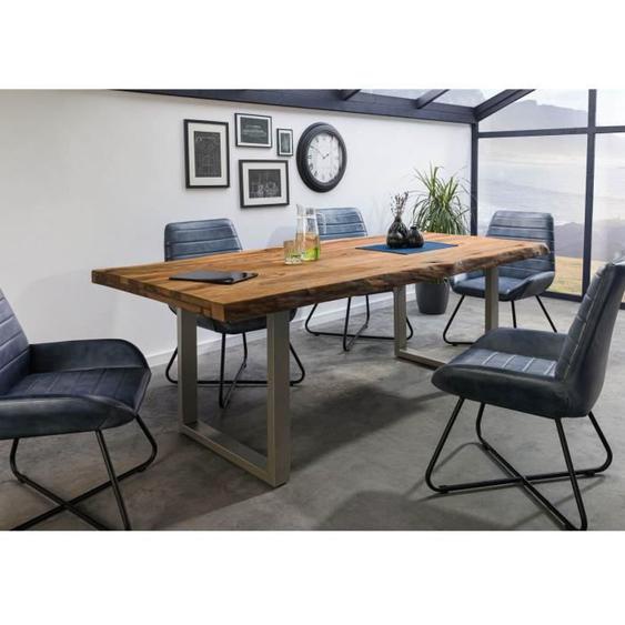Table à manger - Bois massif de palissandre - 180x90 cm -  Bois sablé-Gris - Pieds en U - FREEFORM 5