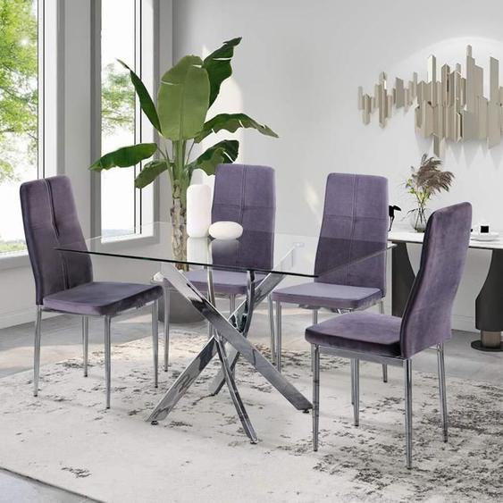 Table à Manger Complète - 4 Chaises Velours Gris Foncé - 1 Table à Manger Verre - Pieds Chromés - Moderne - Cuisine Bureau Salon