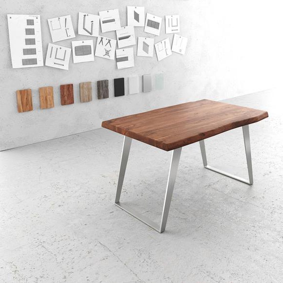 Table-à-manger Edge 140x90 XL acacia marron acier inoxydable incliné Live-Edge, Tables de salle à manger, Baumkantenmöbel, Massivholzmöbel, Massivholz