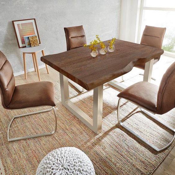 Table-à-manger Edge 140x90 XL acacia marron acier inoxydable large Live-Edge, Tables de salle à manger, Baumkantenmöbel, Massivholzmöbel, Massivholz