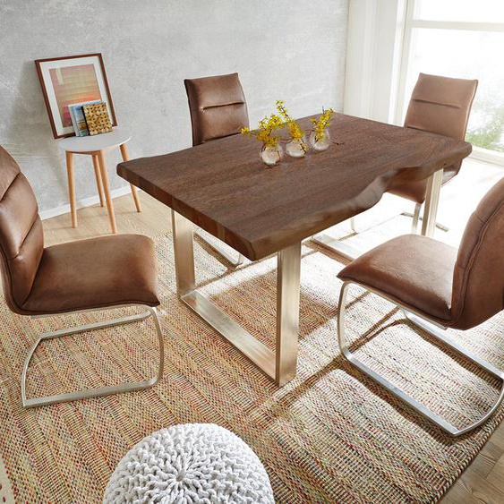Table-à-manger Edge 140x90 XL acacia marron acier inoxydable mince Live-Edge, Tables de salle à manger, Baumkantenmöbel, Massivholzmöbel, Massivholz