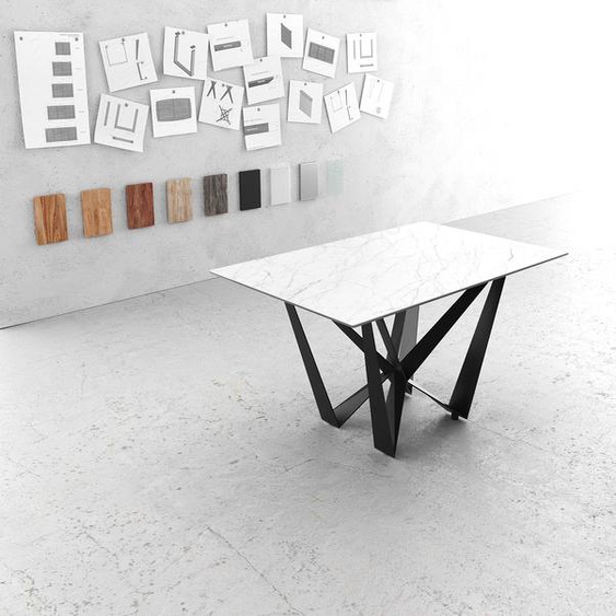 Table-à-manger Edge 140x90cm Laminam® céramique blanc  pieds milieu acier plat noir, Tables de salle à manger