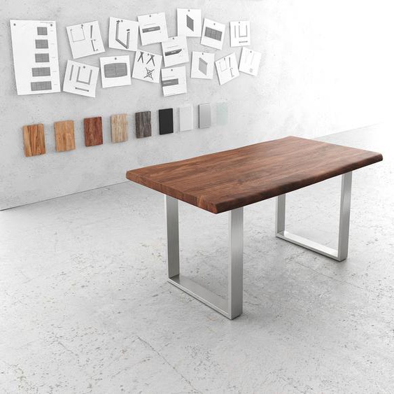 Table-à-manger Edge 160x90cm XL acacia marron acier inoxydable mince Live-Edge, Tables de salle à manger, Baumkantenmöbel, Massivholzmöbel, Massivholz