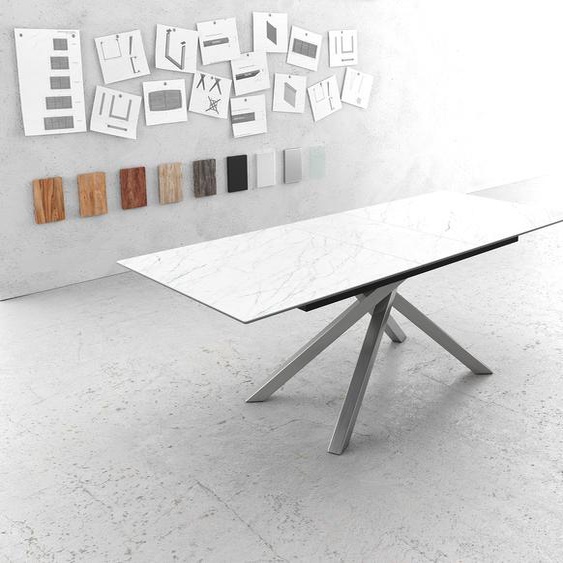 Table-à-manger Edge 180-220x90cm Laminam® céramique blanc pieds milieu croisé argent, Tables de salle à manger