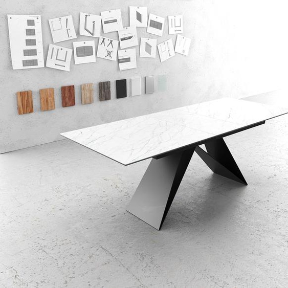 Table-à-manger Edge 180-220x90cm Laminam® céramique blanc V-pieds milieu noir, Tables de salle à manger