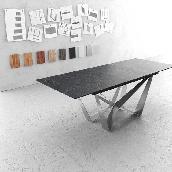 Table-à-manger Edge 180-220x90cm Laminam® céramique gris pieds milieu acier plat argent, Tables de salle à manger