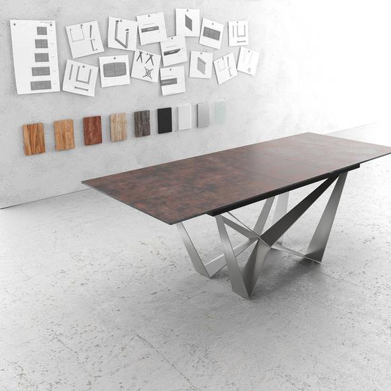 Table-à-manger Edge 180-220x90cm verre Antique-marron pieds milieu acier plat argent, Tables de salle à manger