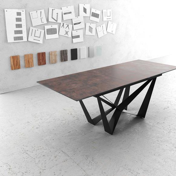 Table-à-manger Edge 180-220x90cm verre Antique-marron pieds milieu acier plat noir, Tables de salle à manger