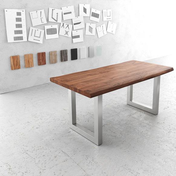Table-à-manger Edge 180x90 XL acacia marron acier inoxydable large Live-Edge, Tables de salle à manger, Baumkantenmöbel, Massivholzmöbel, Massivholz