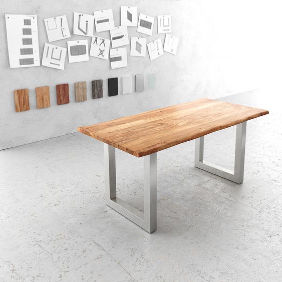 Table-à-manger Edge 180x90cm acacia nature acier inoxydable large Live-Edge, Tables de salle à manger, Baumkantenmöbel, Massivholzmöbel, Massivholz