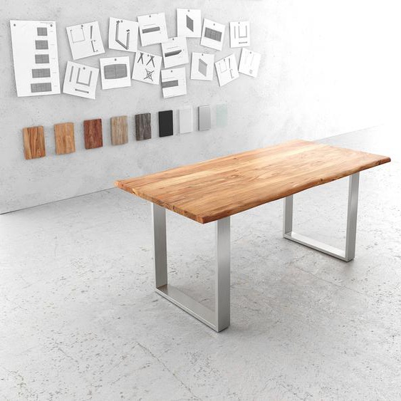 Table-à-manger Edge 180x90cm acacia nature acier inoxydable mince Live-Edge, Tables de salle à manger, Baumkantenmöbel, Massivholzmöbel, Massivholz