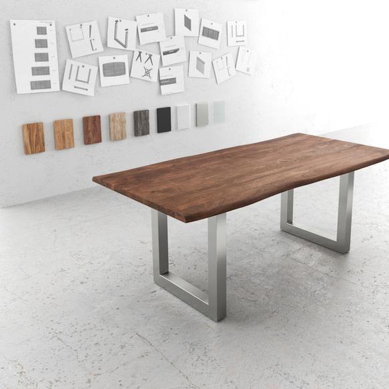 Table-à-manger Edge 200x100 acacia marron acier inoxydable large Live-Edge, Tables de salle à manger, Baumkantenmöbel, Massivholzmöbel, Massivholz
