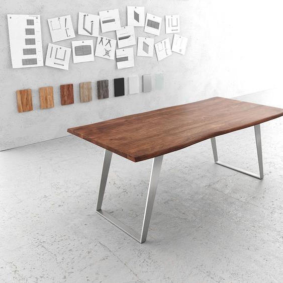 Table-à-manger Edge 200x100cm acacia marron acier inoxydable argent incliné Live-Edge, Tables de salle à manger, Baumkantenmöbel, Massivholzmöbel, Massivholz